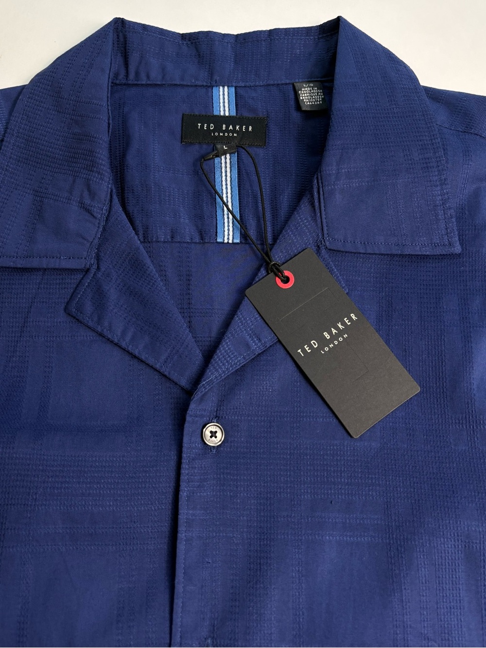 NWT Ted Baker Textured Camp Shirt Midnight Sail Navy Blue Plaid Size L - Picture 11 of 15